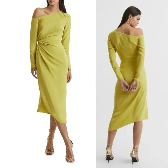 Reiss Nadia drape lime green midi dress size 0 - Picture 1 of 14